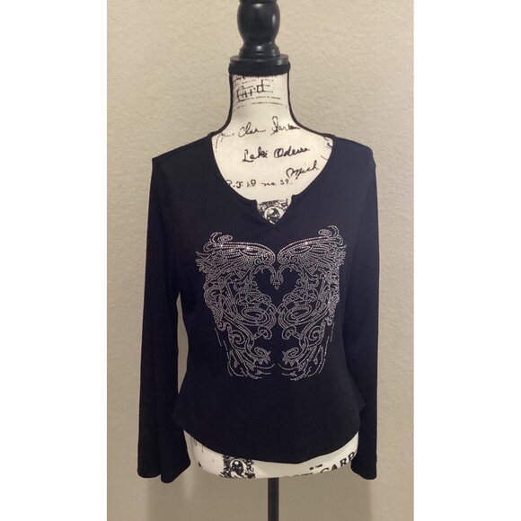 Shein Black Long-Sleeve Top With Rhinestone Dragon Design Size 1XL - Picture 2 of 5